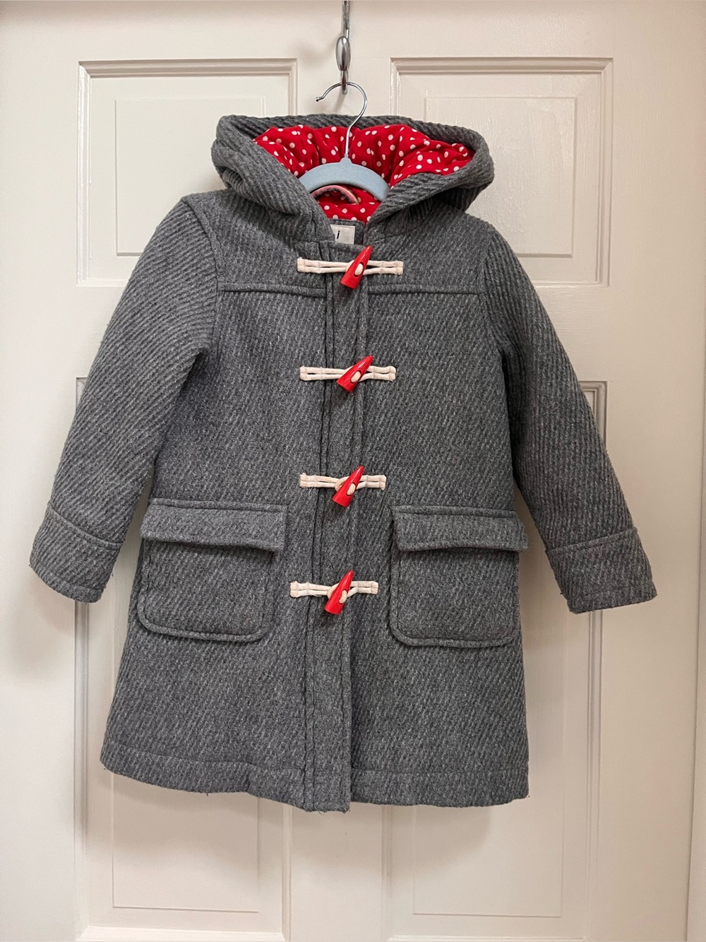 Mini Boden Wool Hooded Toggle Coat with Red Lining size 3/4y